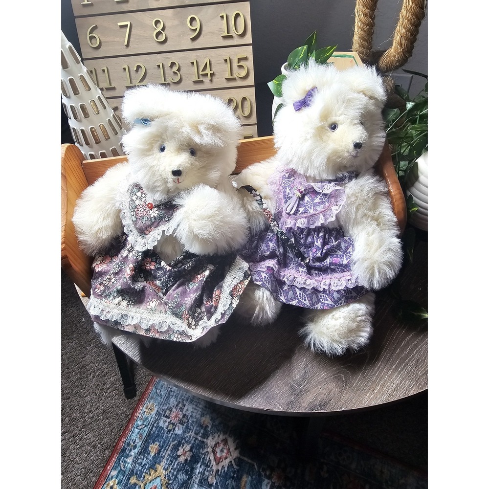 Vintage 1980s–1990s Handmade Teddy Bears Pair w/ Wooden Bench – Fl